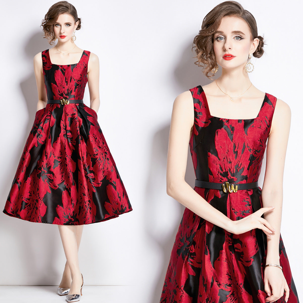 Women Sleeveless Square Neck Self Texture Jacquard Pleated Fitted Dress - 764053260724 (EOSS)
